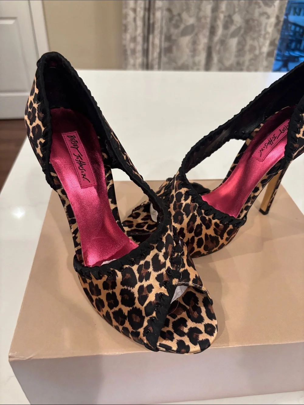 Betsey Johnson Leopard Print Open-Toe Stiletto Heels in Brown and Black
